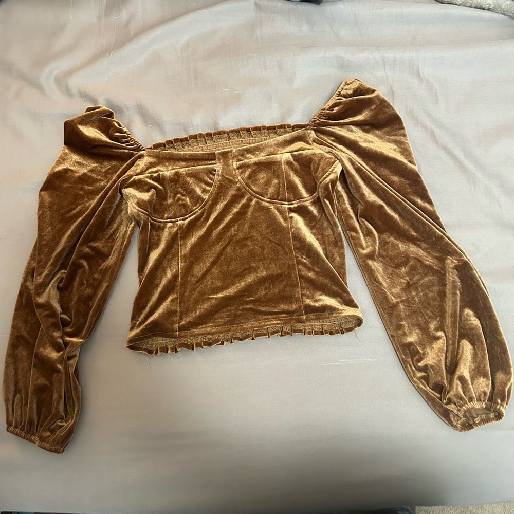 Velvet Off-Shoulder Blouse in Brown